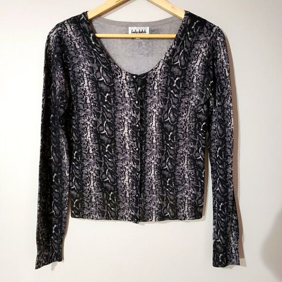 🦋3/$20 Lady Dutch Small Long Sleeve Grey Snake Print Cardigan - Picture 1 of 7